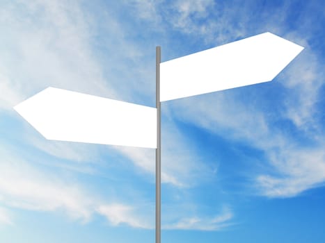 Blank white crossroad signs on cloudy sky.