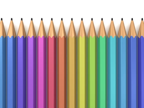 Colorful pencils in a row on white background.