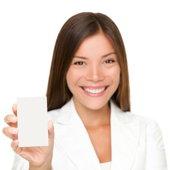 Sign card woman holding paper like mobile phone or smart phone. Empty paper business card with copy space. Beautiful young businesswoman smiling happy in white suit isolated on white background.