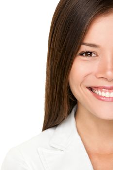 Asian woman. Business woman closeup portrait of happy smiling young businesswoman in white suit. Professional young mixed race Caucasian / Chinese Asian woman on white background.