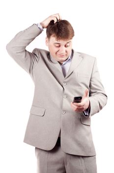 Man with remote control on a white background