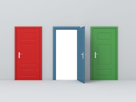 Rendered doors, blue one is open, red and green doors are closed in white wall.