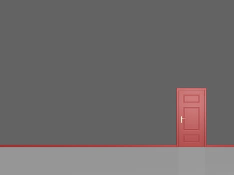 Red closed door in elegant room with dark walls.