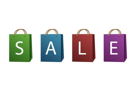 Colorful sale bags with big letters on white background.