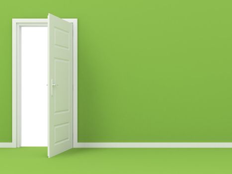 Empty room, white open door in green wall to isolated background.