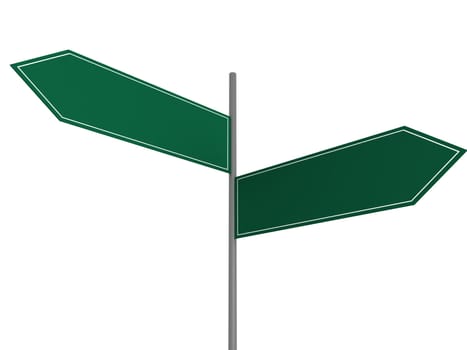 Blank green crossroad signs on white background.