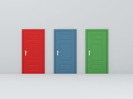 Rendered closed colorful doors in white wall.