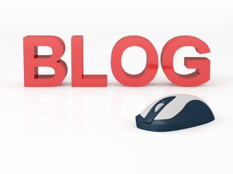 Blog concept, mouse and blog text on white background.