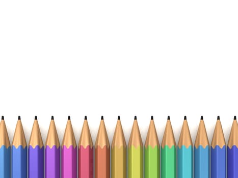 Colorful pencils in a row on white background.