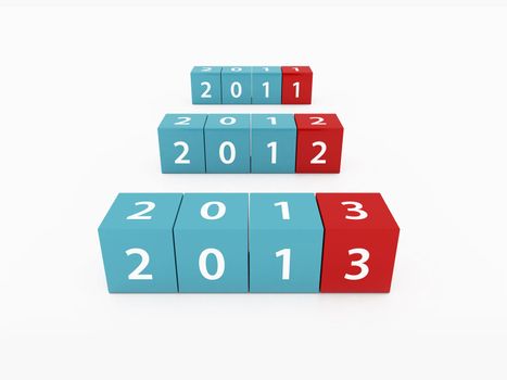 New year 2013 concept, red and blue three dimensional cubes / blocks on white background.