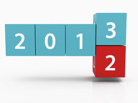 New year 2013 concept, red and blue three dimensional cubes / blocks on white background.