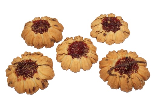Cookies with a fruit stuffing and chocolate strips on a white background