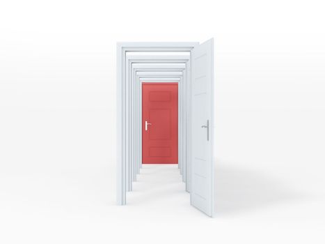 Multiple white opened doors with red door at last on white background.
