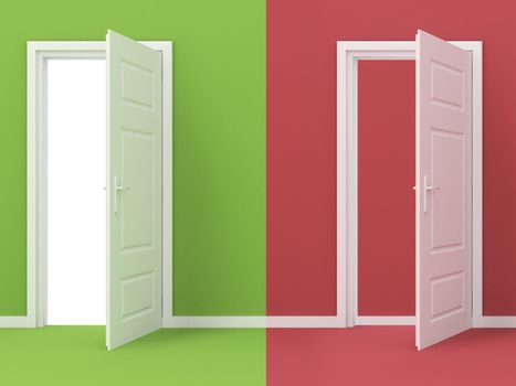Two rendered doors, green one is open, red one is closed.