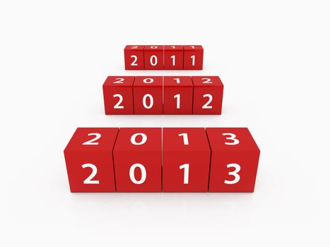 New year 2013 concept, red three dimensional cubes / blocks on white background.