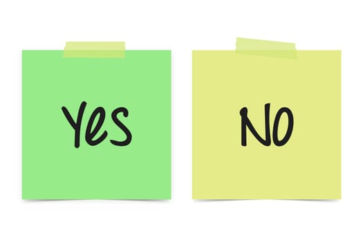 Yellow and green yes and no sticky notes on white background.
