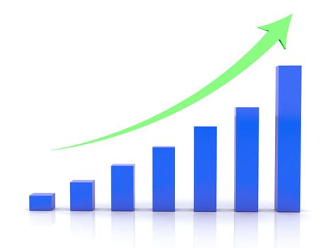 Business profit growth graph chart with 3d reflection on white background.