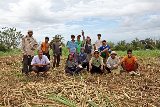 Group of male Filipino sugar cane field workers sit for a group portrait in a field of cut cane stalks in the Philippine Islands.