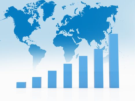 Blue business growth chart on word map background.