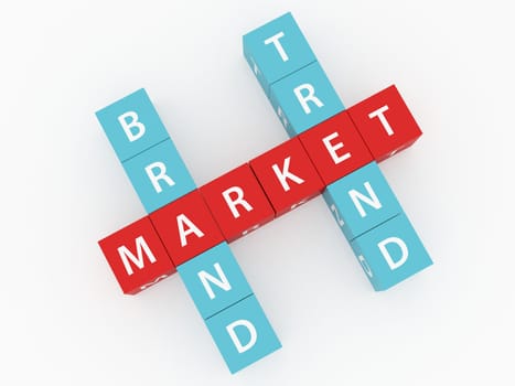Market, trend, brand crosswords on dices and white background.