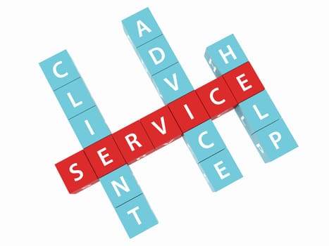 Service, client, advice, help crosswords on dices and white background.