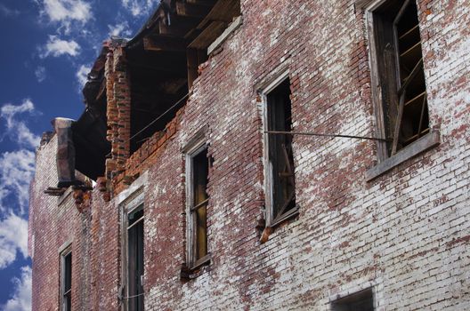 A brick building that has been damaged by fire