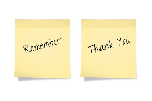 Yellow remember and thank you sticky notes on white background.