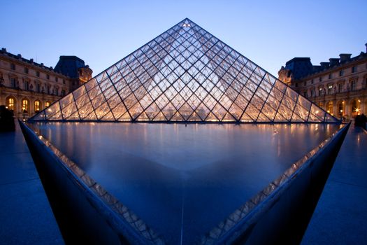 PARIS - APRIL 16: Landscape of Louvre Pyramid at dusk during the Summer Exhibition April 16, 2010 in Paris. Louvre is the biggest Museum in Paris displayed over 60,000 square meters of exhibition space.