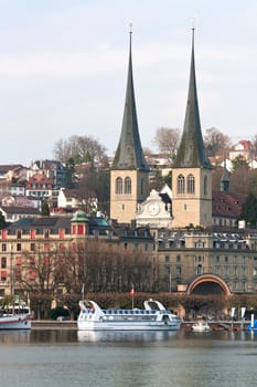 Church with cityscape and lake in Lucern Switzerland