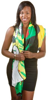 Beautiful young Black woman draped in Jamaican flag