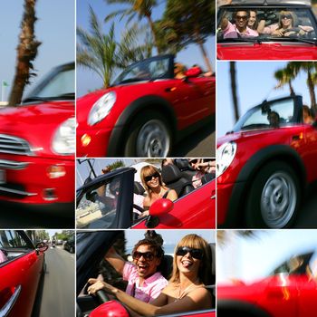 a walk in a red convertible car on the coast