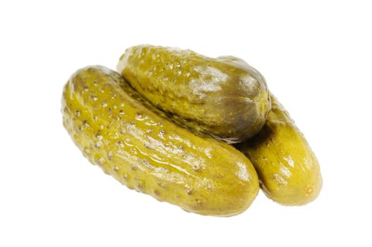 Three pickled  cucumbers.  Gherkins.  Isolated  on white.