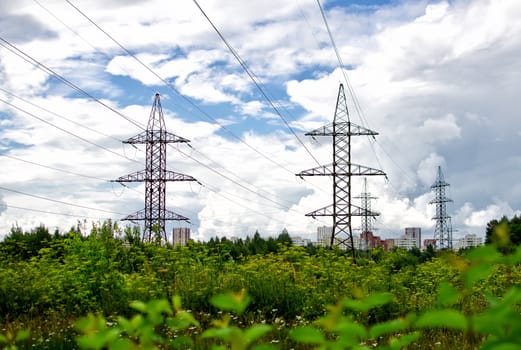 High voltage AC transmission towers.