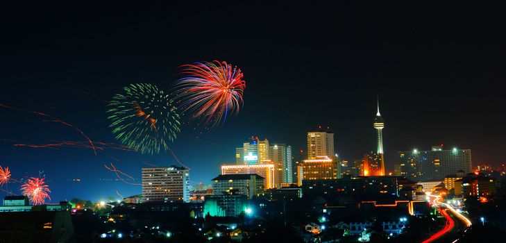 Fireworks at night Pattaya city of Thailand 