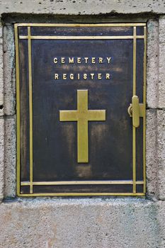 An alcove containing the cemetery register for a military graveyard