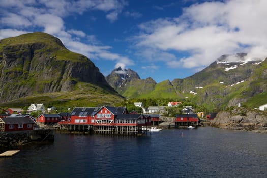 Picturesque village on Lofoten islands in Norway surrounded by mountains