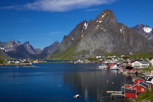 Picturesque town of Reine by the fjord on Lofoten islands in Norway