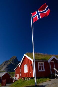 Norwegian flag with typical norwegian red wooden house with sod roof on Lofoten islands