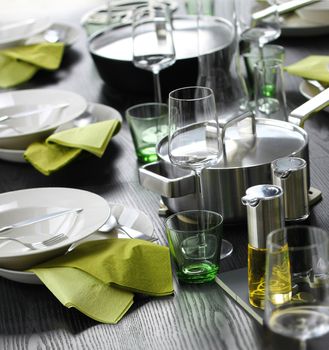 Casual table setting with shades of green and grey