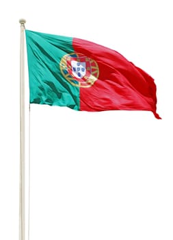 vibrant portuguese flag on a white pole isolated on white background