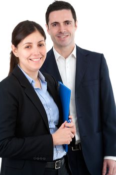 Portrait of handsome young business couple. Isolated on white.