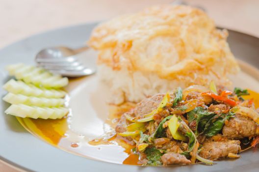 fried egg over rice and pork fried with chili pepper , sweet basil