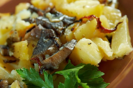 mushrooms with roasted potato closeup