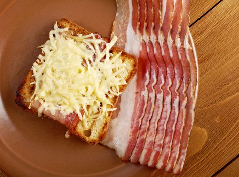 Cheese toast with piece  bacon.Close up of toasted white bread in slices