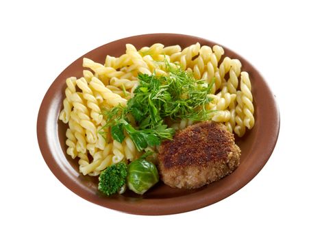 delicious macaroni pasta  with beef cutlets,vegetableon