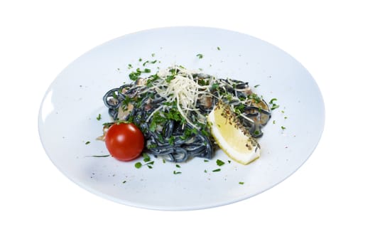 Spaghetti al Nero di Seppia.pasta nera algaes, seafoods,