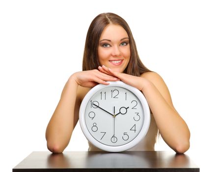 Young girl with clock isolated