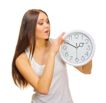 Young girl with clock isolated