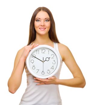 Young girl with clock isolated