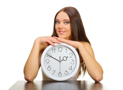 Young girl with clock isolated